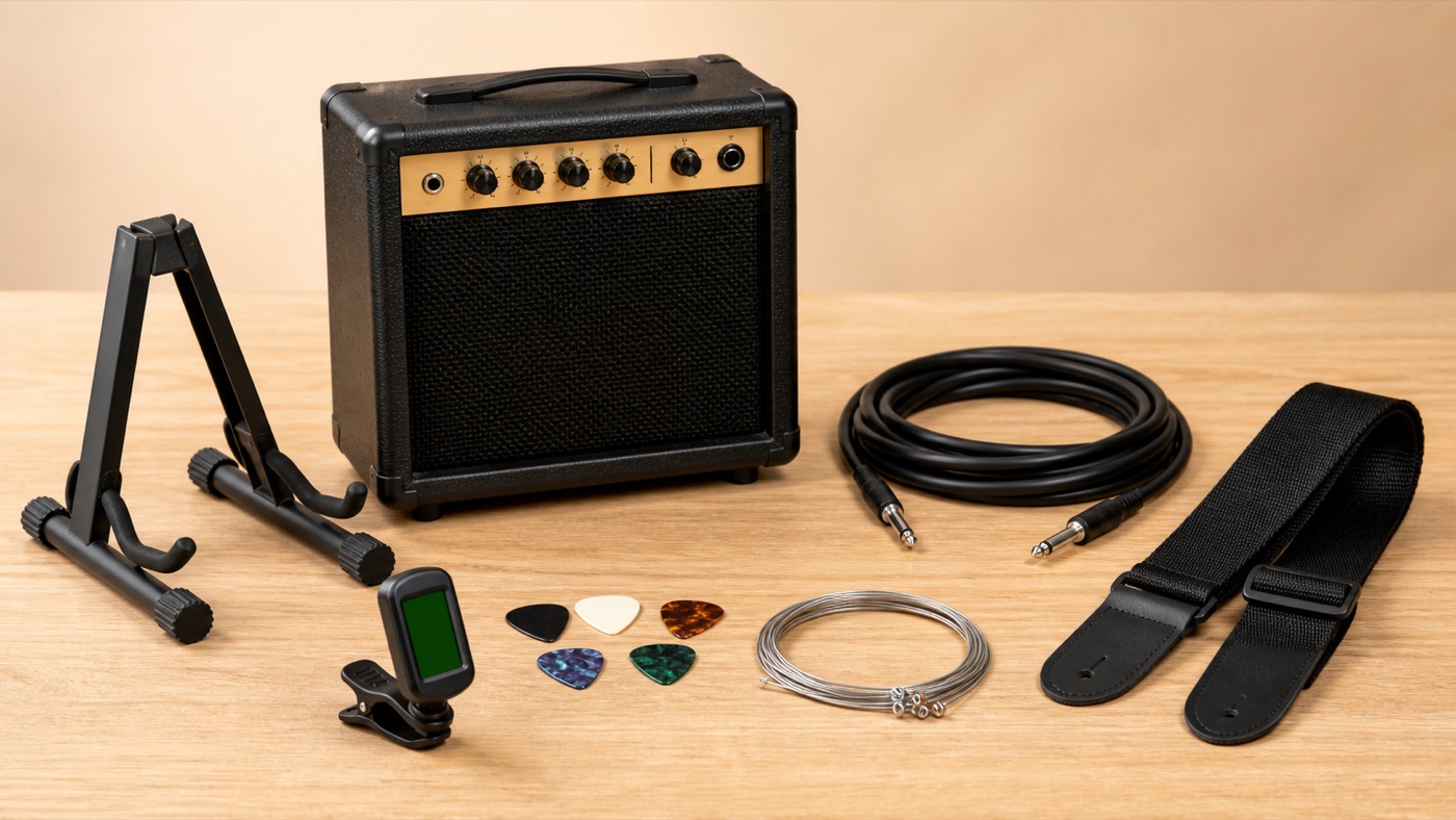 Beginner guitar starter kit with tuner, strings, picks, cable, strap, stand, and practice amp