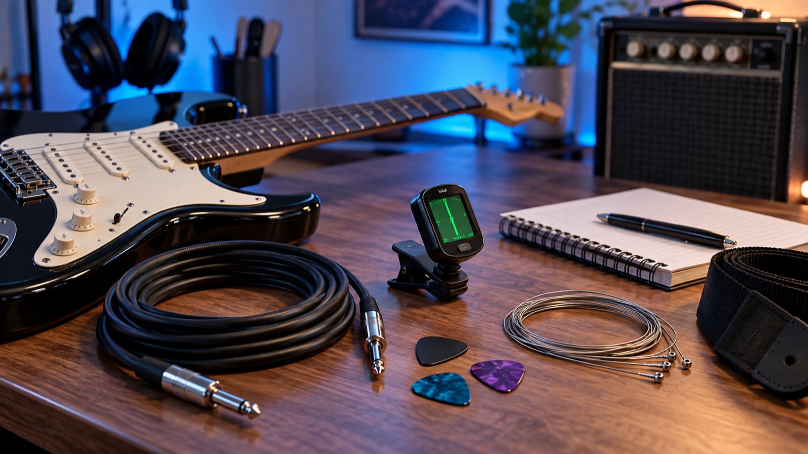 Beginner electric guitar accessories on a desk with tuner cable picks strings and amp