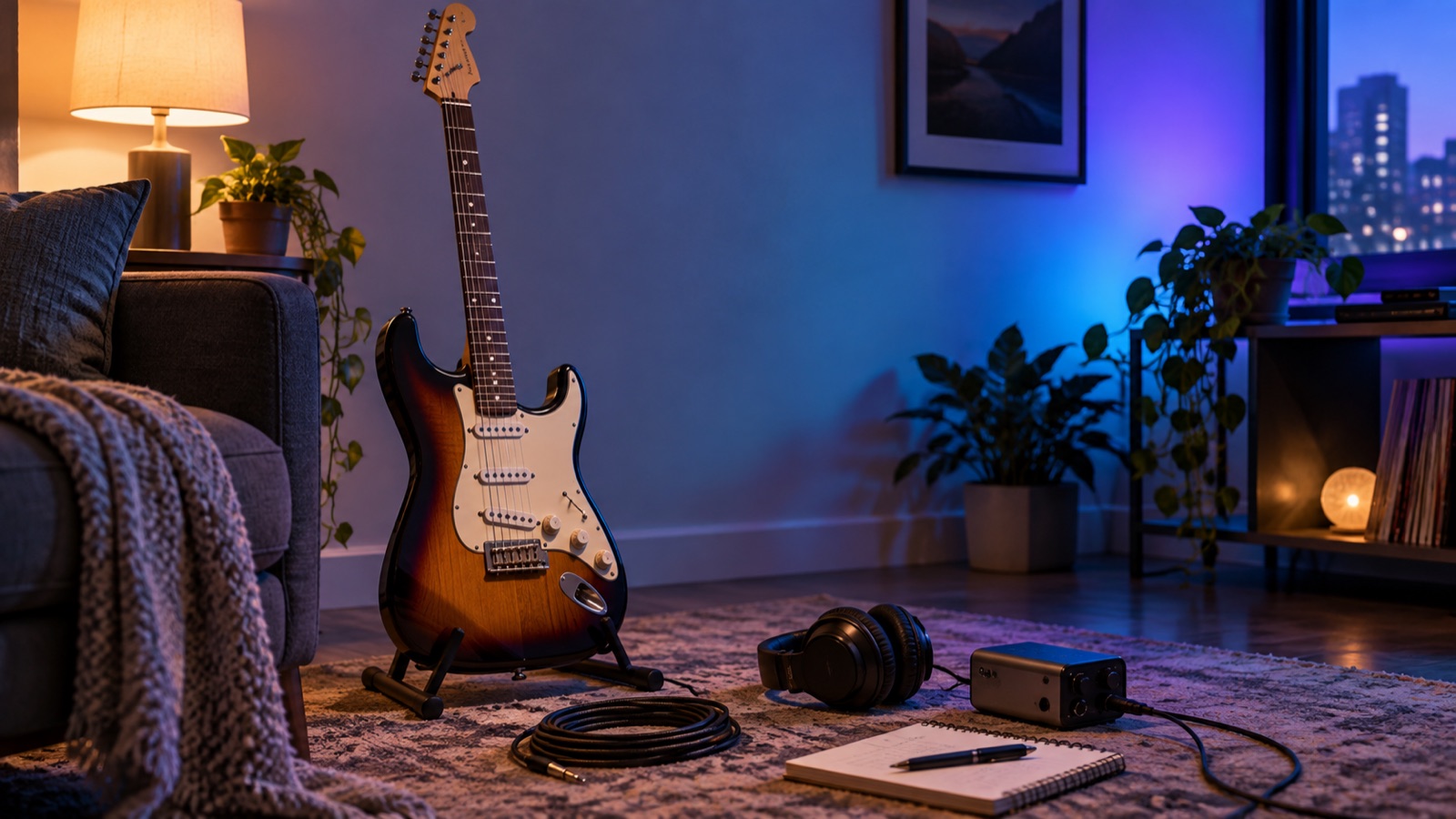 Quiet electric guitar practice setup with headphones cable guitar and compact amp